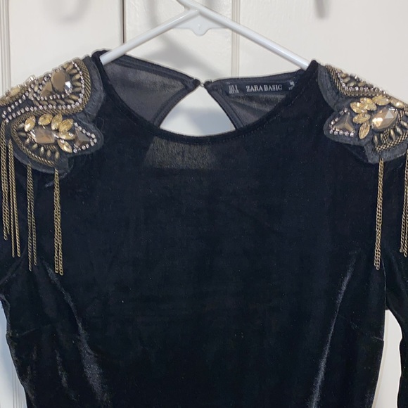 Zara Small Black Velvet Bodysuit Beaded Shoulders - Picture 4 of 13